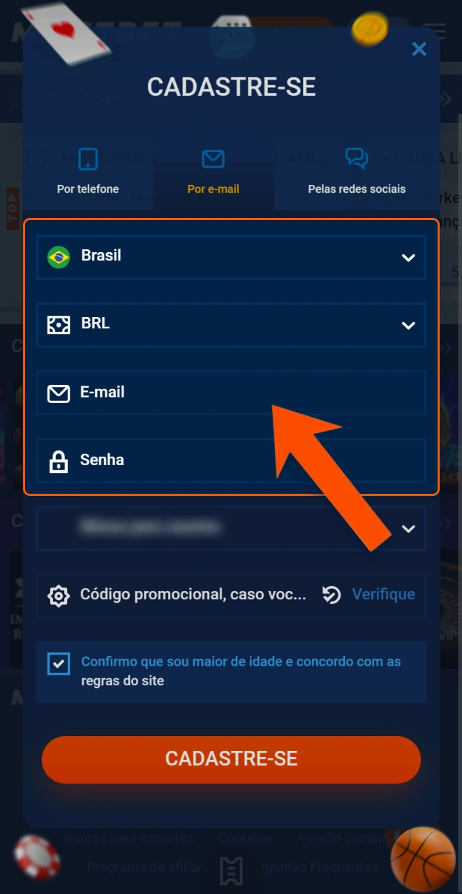Introduza os dados requeridos no formulário da aplicação Mostbet com atenção.