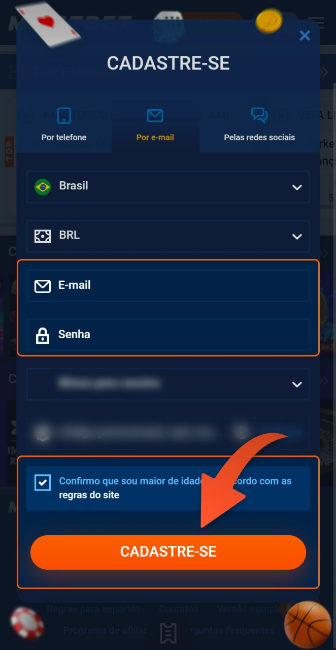 Insira suas informações e conclua seu cadastro na Mostbet.
