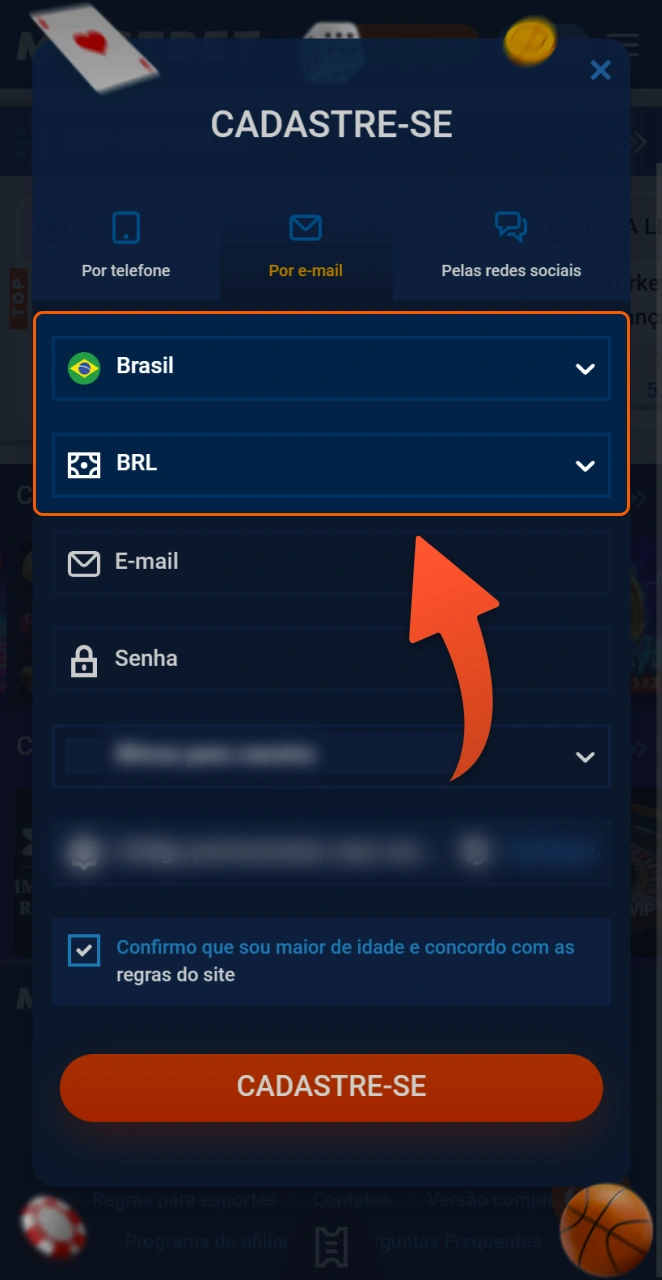 Selecione seu país e moeda para receber os bônus corretos da Mostbet.